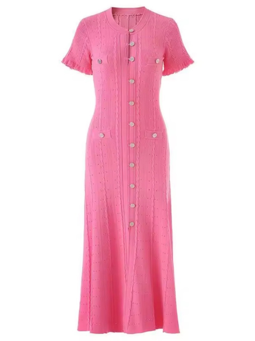 Sandro like KNIT BUTTON-FRONT MIDI DRESS WITH SCALLOPED SLEEVES – PINK - Picture 3 of 3